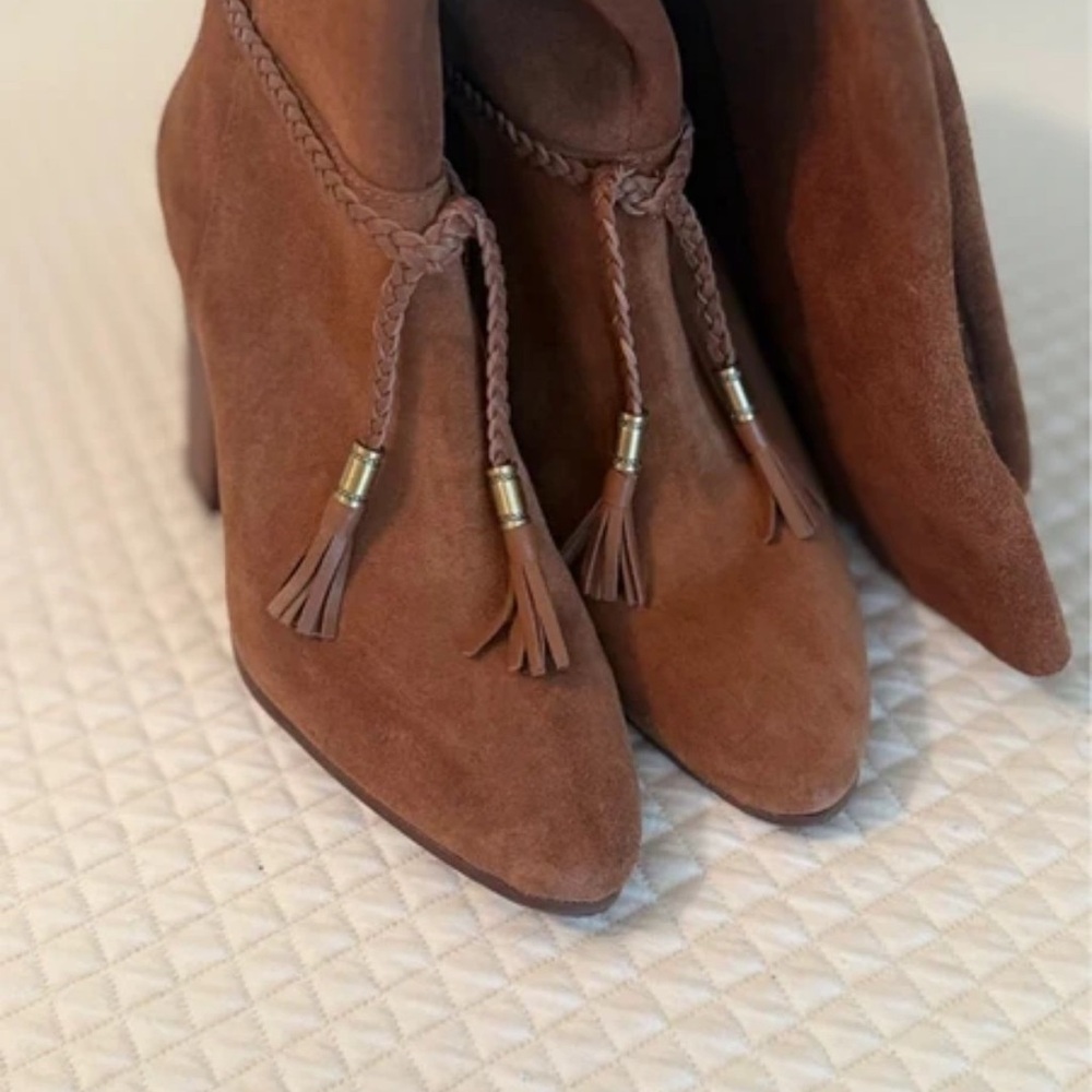 AEROSOLES Brown Suede Braided Tassel Ankle Boots